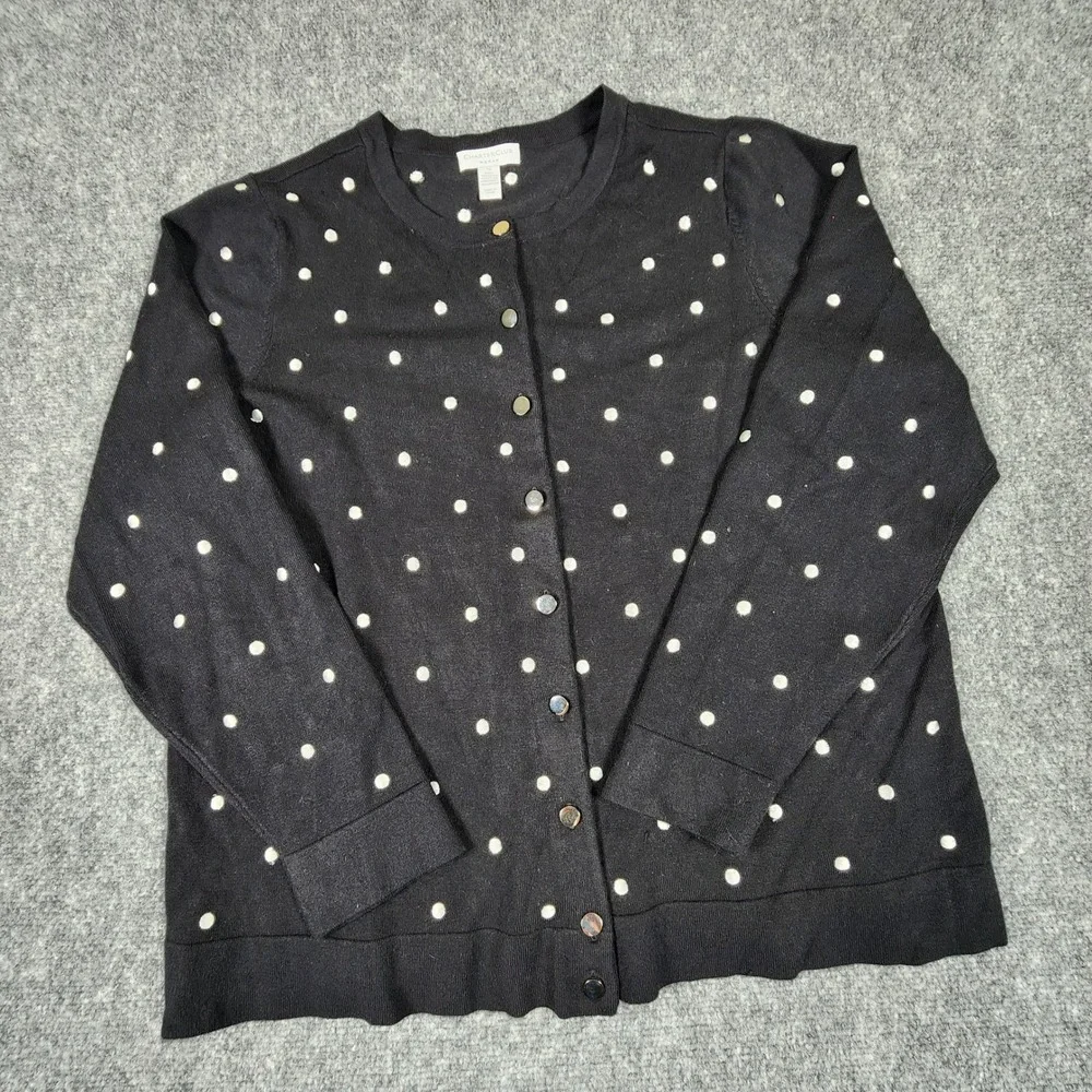 Charter Club Woman Black Polka Dot‎ Cardigan Sweater 1X Embroidered Button Front